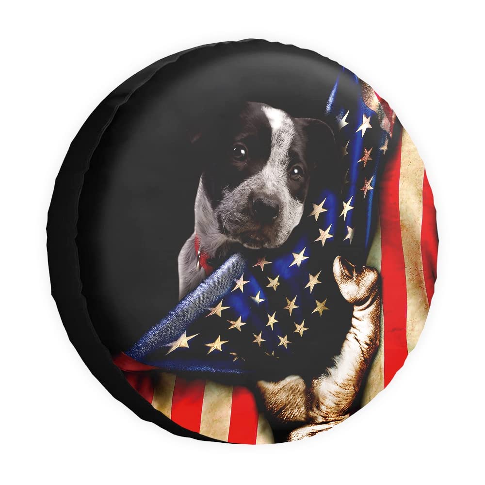 Reserveradabdeckung Hund Blau Heeler Amerikanische Flagge US Radschutz Abdeckungen Wasserdicht 35,6 cm Radabdeckungen Universal für Anhänger, Wohnmobil, SUV, LKW, Camper, Reiseanhänger von dfjdhegj