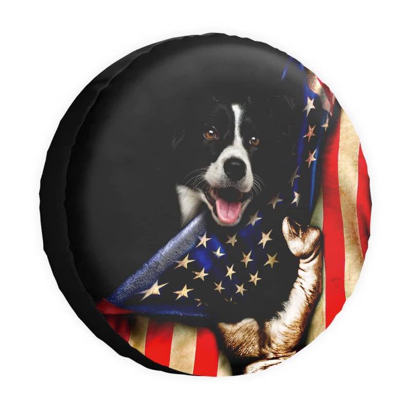 Reserveradabdeckung Hund Border Collie Amerikanische Flagge US Radschutz Abdeckungen Wasserdicht 35,6 cm Radabdeckungen Universal für Anhänger, Wohnmobil, SUV, LKW, Camper, Reiseanhänger von dfjdhegj