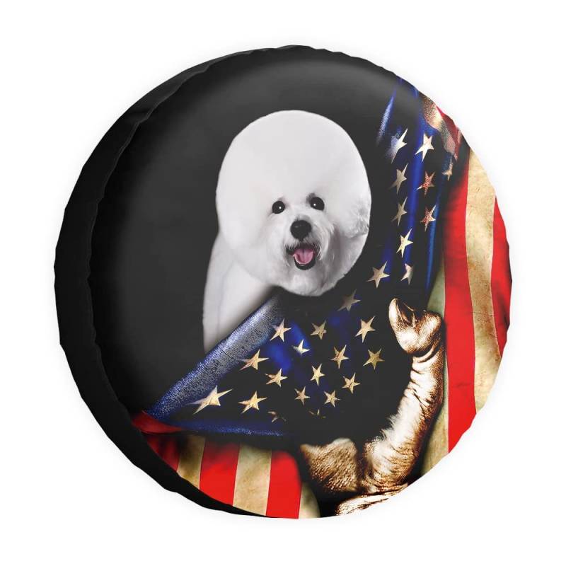 Reserveradabdeckung Hund Lovely Bichon Frisé Amerikanische Flagge US Radschutz Abdeckungen Wasserdicht 43,2 cm Radabdeckungen Universal für Anhänger, Wohnmobil, SUV, LKW, Camper, Reiseanhänger von dfjdhegj