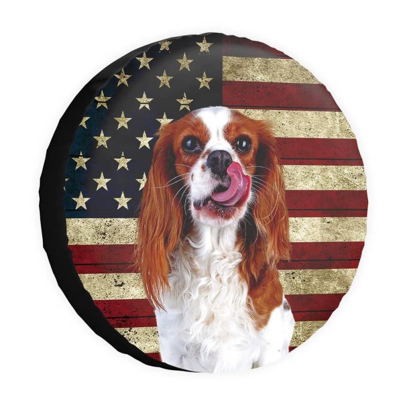 Reserveradenschutz, Motiv: Retro-amerikanische Flagge, Hund, Cavalier King Charles Spaniel, Welpen-Schutzhüllen, 40,6 cm, universell für Anhänger, Wohnmobil, SUV, LKW, Wohnmobil, Reiseanhänger von dfjdhegj