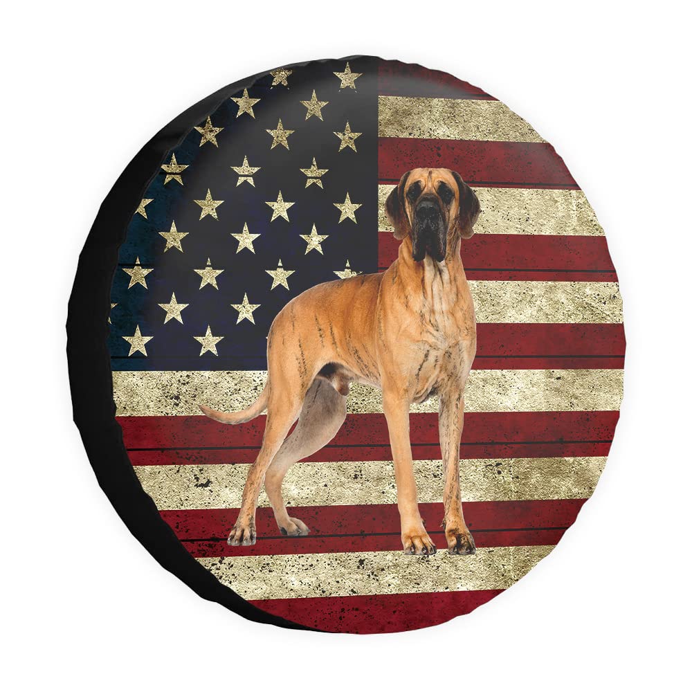 Retro Amerikanische Flagge Ersatzreifenabdeckung Hund Deutsche Dogge Radschutz Abdeckungen Proof 38,1 cm Universal für Anhänger, Wohnmobil, SUV, LKW, Camper, Reiseanhänger von dfjdhegj