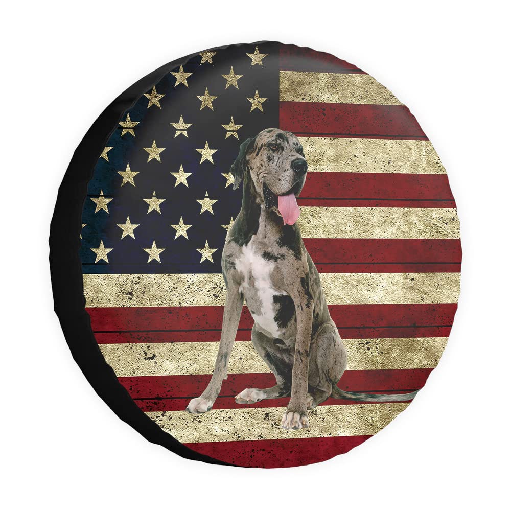 Retro Amerikanische Flagge Ersatzreifenabdeckung Hund Deutsche Dogge Radschutz Abdeckungen Proof 38,1 cm Universal für Anhänger, Wohnmobil, SUV, LKW, Camper, Reiseanhänger von dfjdhegj