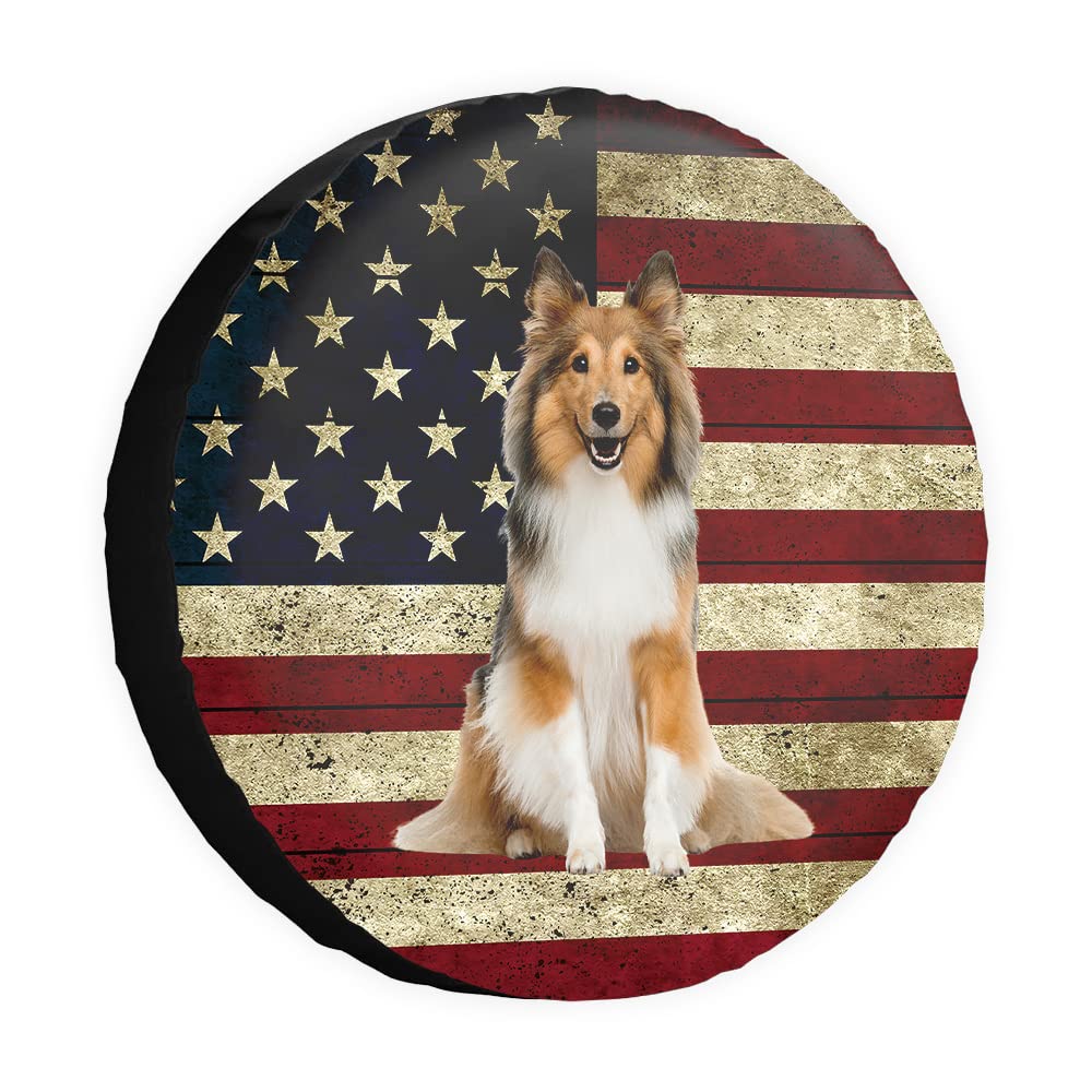 Retro Amerikanische Flagge Ersatzreifenabdeckung Hund Lovely Shetland Sheepdog Radschutz Abdeckungen Proof 35,6 cm Universal für Anhänger, Wohnmobil, SUV, LKW, Camper, Reiseanhänger von dfjdhegj