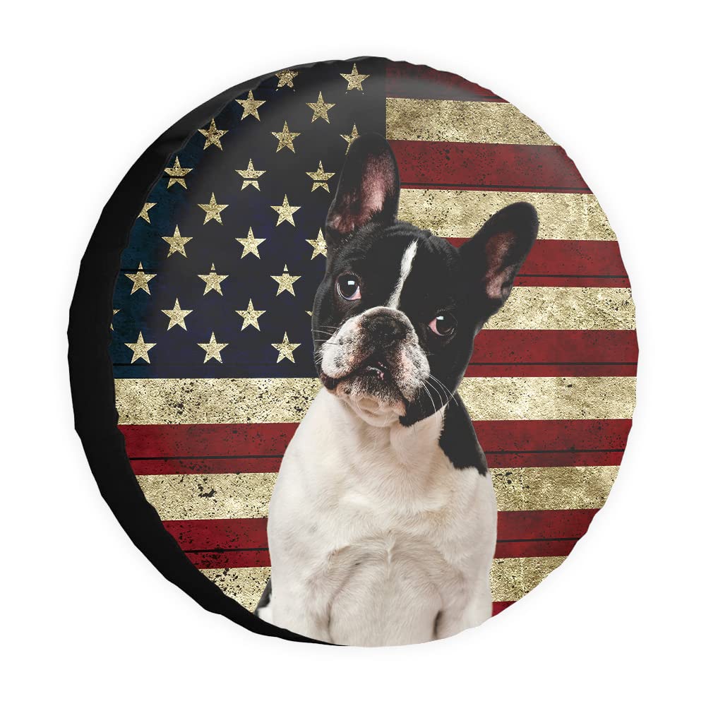 Retro-Ersatzreifenabdeckung mit amerikanischer Flagge, Hund, Französische Bulldogge, Welpen, Radschutz, 35,6 cm, universell für Anhänger, Wohnmobil, SUV, LKW, Wohnmobil, Reiseanhänger von dfjdhegj