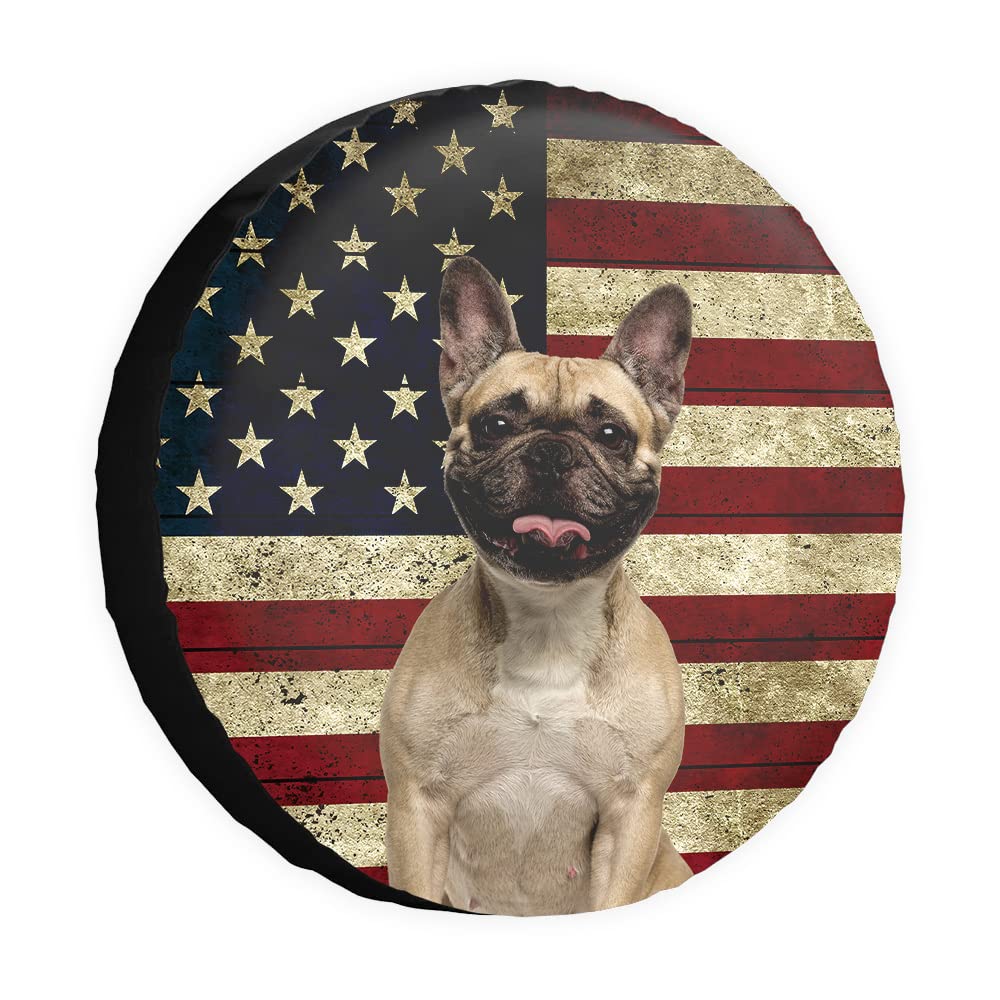 Retro-amerikanische Flagge, Ersatzreifenabdeckung, Hund, Französische Bulldogge, Radschoner, 40,6 cm, universell für Anhänger, Wohnmobil, SUV, LKW, Wohnmobil, Reiseanhänger von dfjdhegj