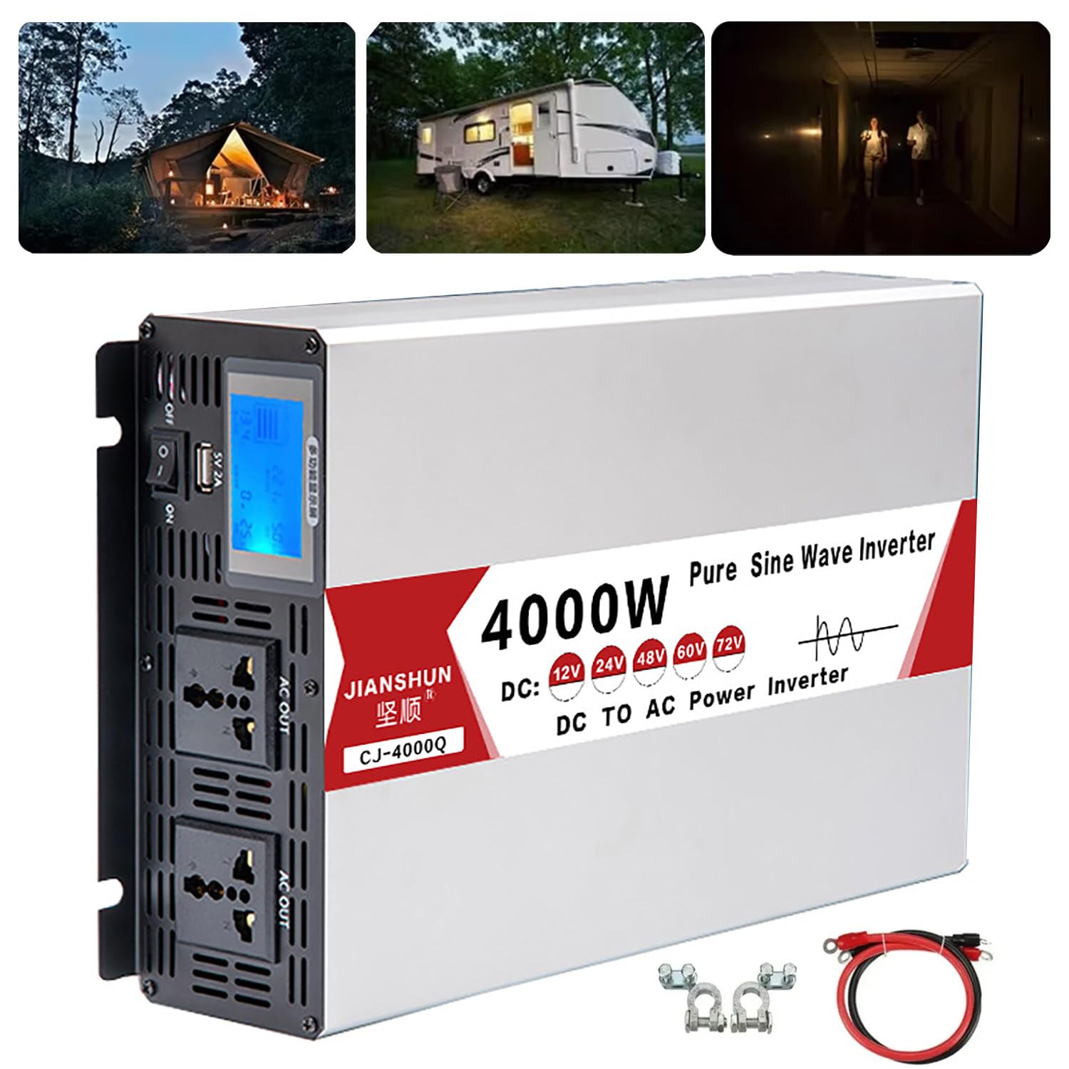 4000 W 5000 W 6000 W 8000 W Wechselrichter Frequenzumrichter Doppelsteckdose mit USB-Wechselrichter 12 V 24 V 48 V 60 V auf Wechselstrom 220 V reine Sinuswelle, Farbbildschirmanzeige,12V-110V4000W von dosiwlatever