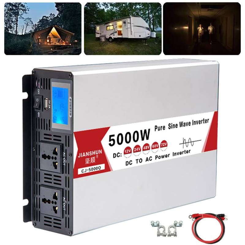 4000 W 5000 W 6000 W 8000 W Wechselrichter Frequenzumrichter Doppelsteckdose mit USB-Wechselrichter 12 V 24 V 48 V 60 V auf Wechselstrom 220 V reine Sinuswelle, Farbbildschirmanzeige,12V-220V5000W von dosiwlatever