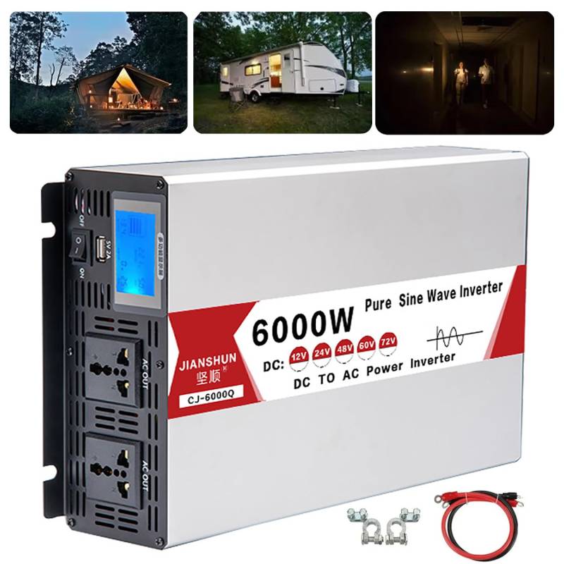 4000 W 5000 W 6000 W 8000 W Wechselrichter Frequenzumrichter Doppelsteckdose mit USB-Wechselrichter 12 V 24 V 48 V 60 V auf Wechselstrom 220 V reine Sinuswelle, Farbbildschirmanzeige,12V-220V6000W von dosiwlatever