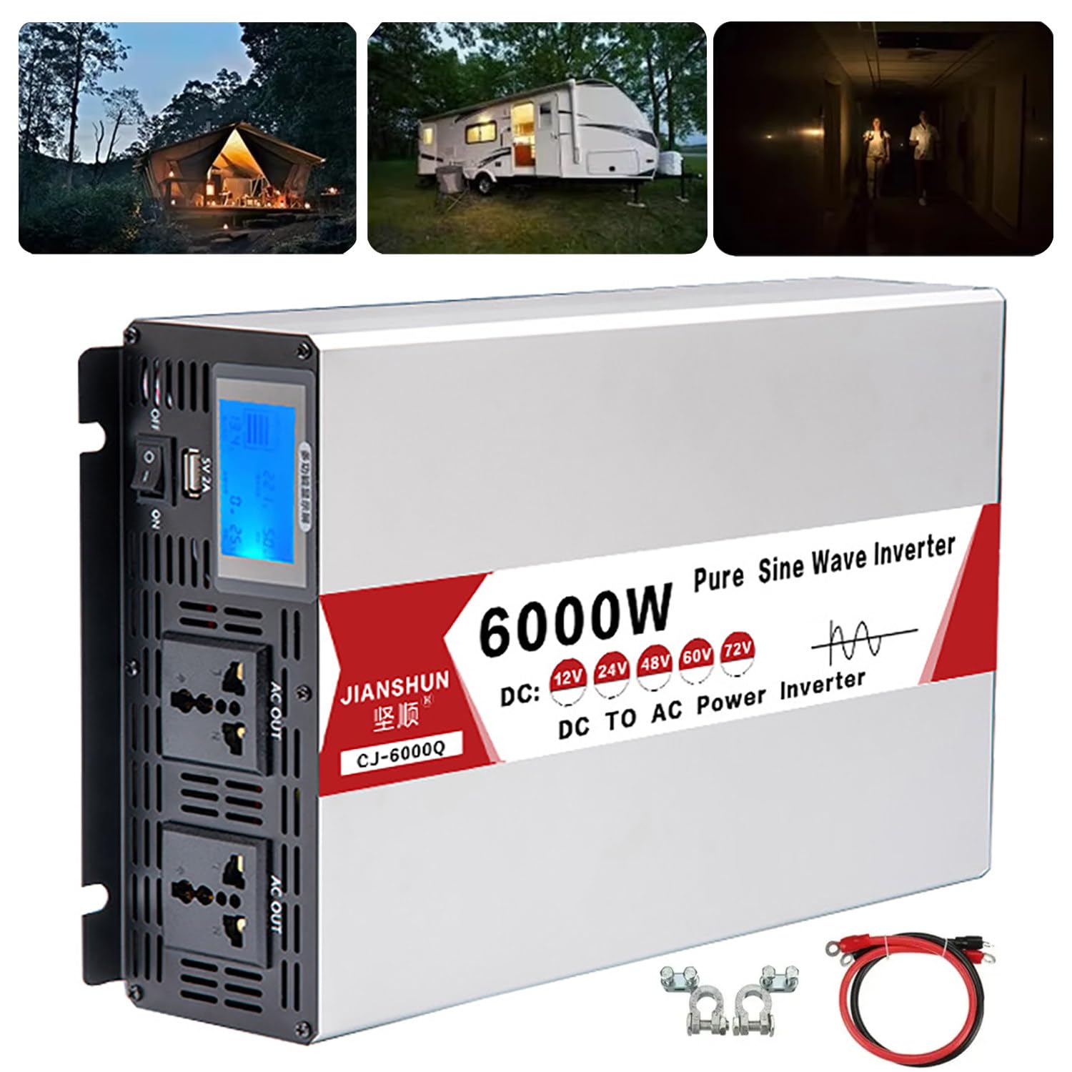 4000 W 5000 W 6000 W 8000 W Wechselrichter Frequenzumrichter Doppelsteckdose mit USB-Wechselrichter 12 V 24 V 48 V 60 V auf Wechselstrom 220 V reine Sinuswelle, Farbbildschirmanzeige,24V-110V6000W von dosiwlatever