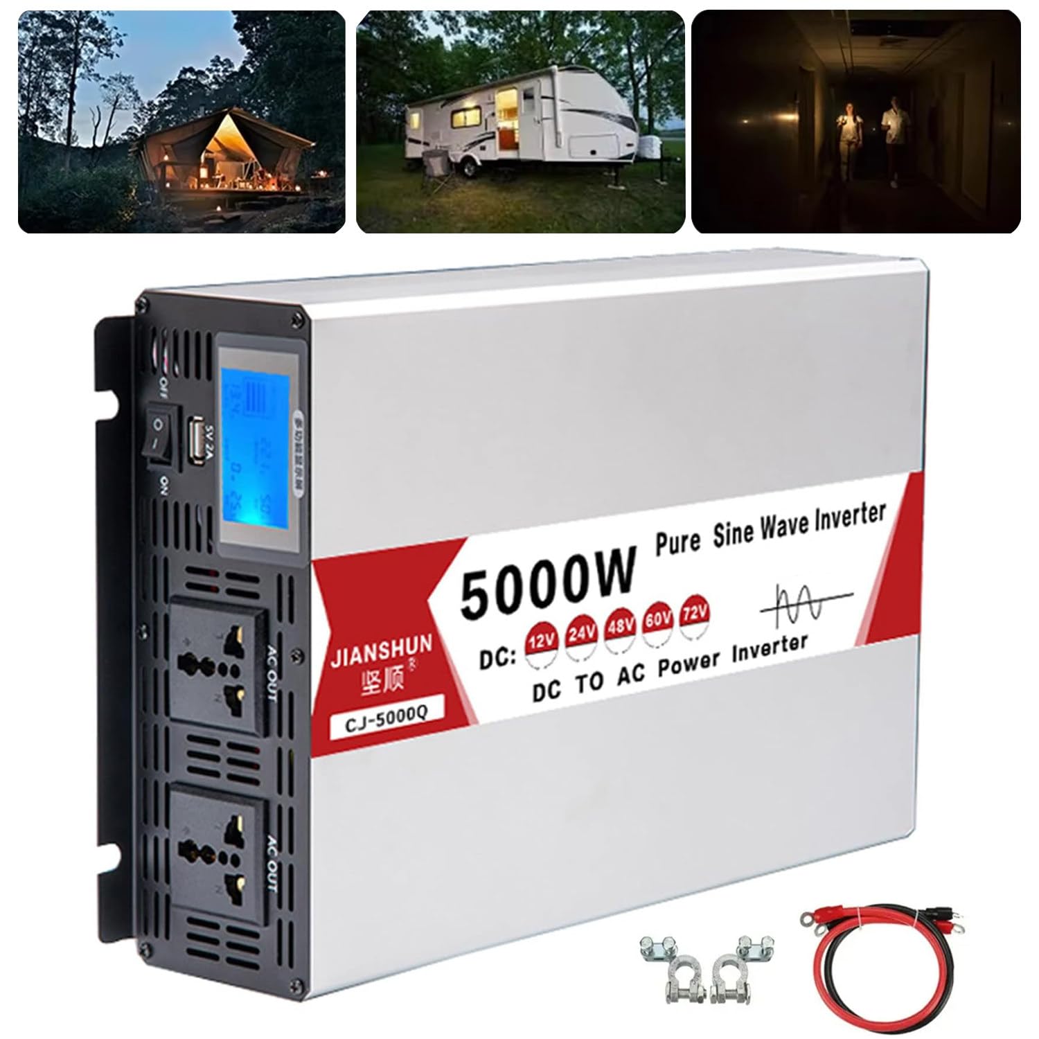 4000 W 5000 W 6000 W 8000 W Wechselrichter Frequenzumrichter Doppelsteckdose mit USB-Wechselrichter 12 V 24 V 48 V 60 V auf Wechselstrom 220 V reine Sinuswelle, Farbbildschirmanzeige,24V-220V5000W von dosiwlatever