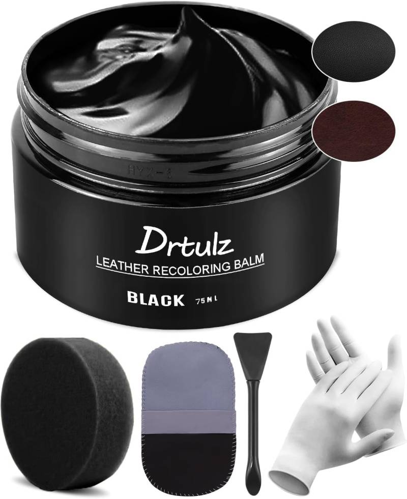 drtulz Leder Reparatur Set Schwarz, Lederpflege Für Ledercouch, Für Vinyl Möbel, Sofa, Autositze, Schuhe Für Reparatur Lederfarbe Auf Verblassten und Zerkratzten Ledersofas (75ML) von drtulz