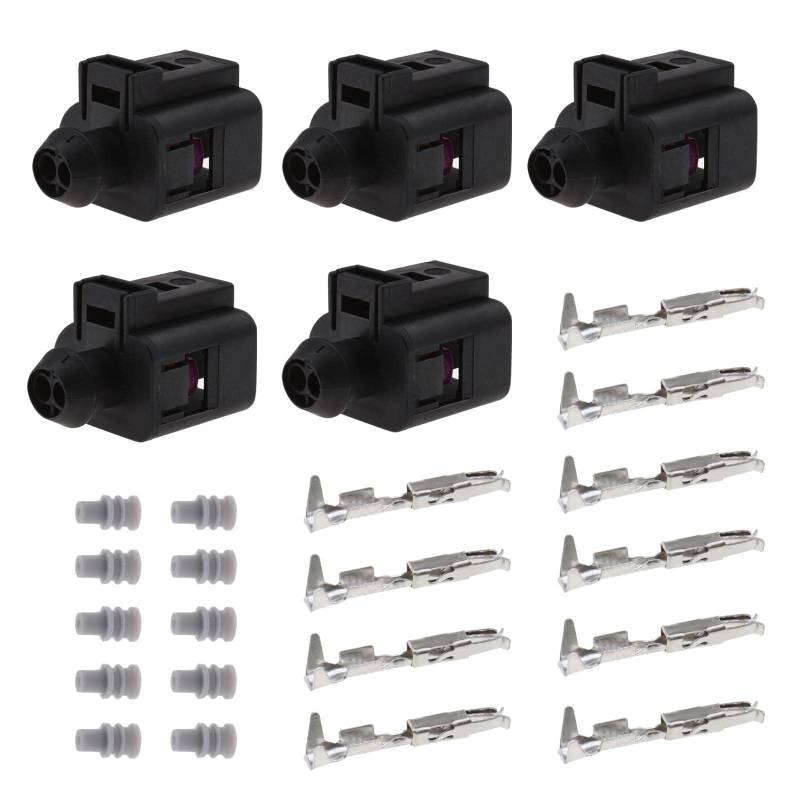 eMagTech 5 Set Auto Temperatursensor Stecker Kit 2 Pin Weiblich Anschluss mit Buchsen und Dichtungen Wasserdicht Kompatibel mit VW Kompatibel mit Audi 1J0973702 von eMagTech