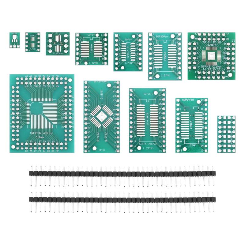 eMagTech 51 Stück 12 Arten CMS auf DIP Adapterkarten-Set SOP8 SOP10 SOP14 SOP16 SOP20 SOP24 SOP28 0402/0603/0805 SMT SOT89/SOT223 TQFP100 QFN32 QFN32 QFN32 Q100 FN44 / 48 mit 2,54 mm PCB-Steckern von eMagTech