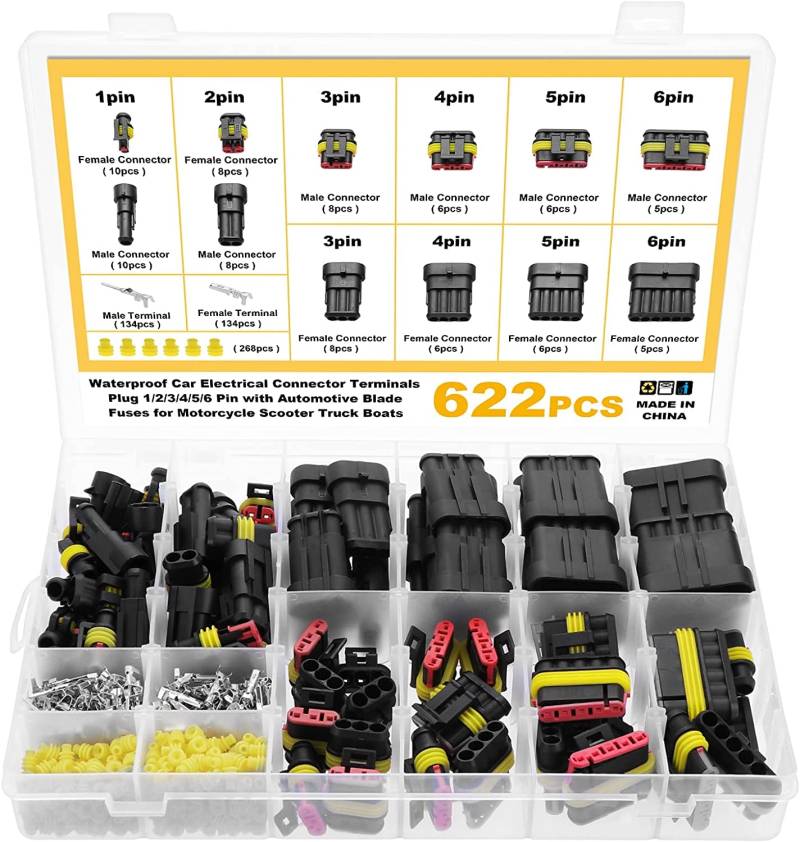 eROOSY 622 STÜCK Wasserdichte Kabel Steckverbinder, Auto Wasserdichter Steckverbinder, KFZ Stecker 1/2/3/4/5/6 polig KFZ Steckverbinder Wasserdicht für Motorrad Roller LKW Boote Truck, 23-16AWG von eROOSY