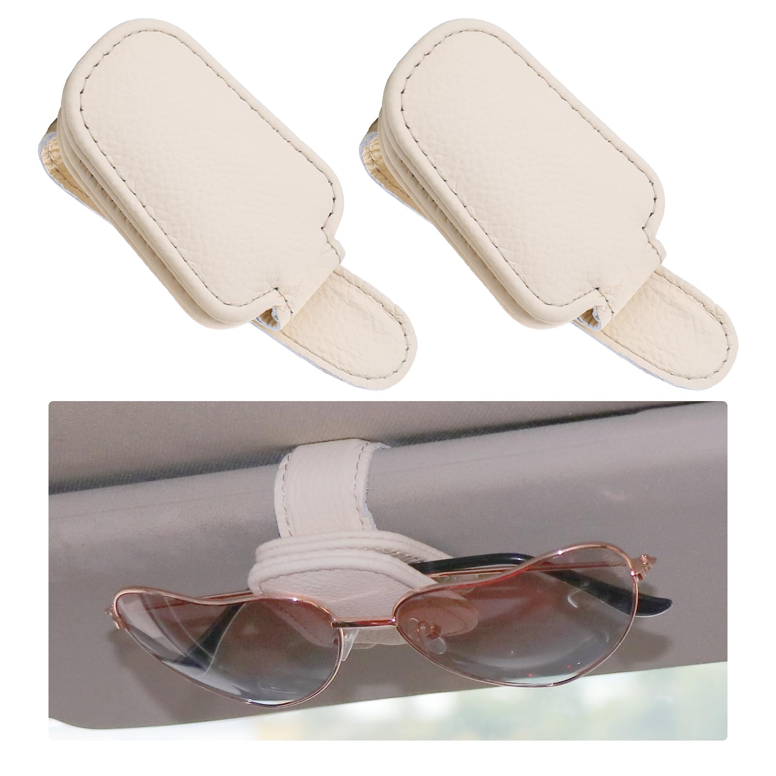 eROOSY 2 Stück Auto Sonnenblende Brillenclip, Brillenhalter KFZ, Magnetischer Leder Sonnenbrillenhalter, Sonnenbrille Halterung Sonnenblende, Auto Sonnenblende (Beige) von eROOSY