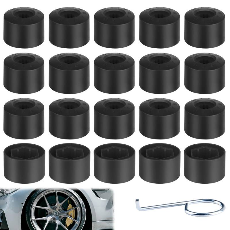 ecocstm 20 Stück Auto-Radmutter-Abdeckungen, 17 mm Radmutternabenabdeckung mit Entfernungswerkzeugen, Ersatz für VW Lug Nut Cover Jetta Beetle Passat GTI CC Radschraube 1K0 601 173 (schwarz) von ecocstm