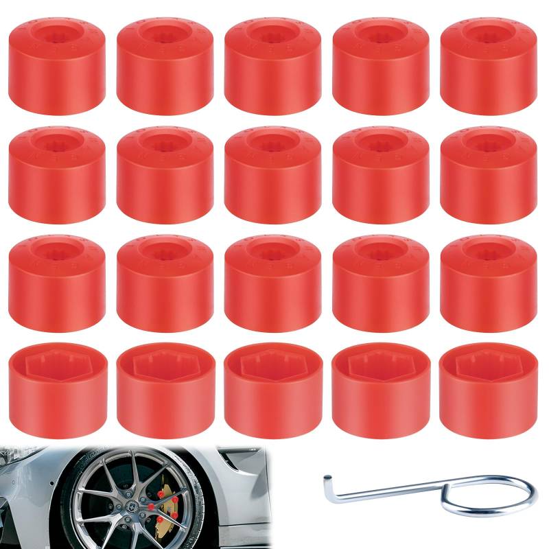 ecocstm 20 Stück Auto-Radmutterabdeckungen, 17 mm, Radmutter-Abdeckung mit Entfernungswerkzeugen, Ersatz für VW Lug Nut Cover Jetta Beetle Passat GTI CC Radschraube 1K0 601 173 (rot) von ecocstm