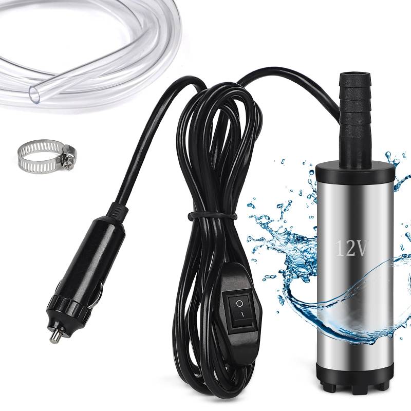 EFUTURETIME 12V DC Pumpe Wasser Ölpumpe 38mm, Mini Tauchpumpe mit 3m Schlauch Ø16mm und Schlauchklemmen, Edelstahl Wasserpumpe Tragbar für Auto, Boot von efuturetime