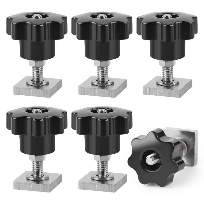 efuturetime 6 X T-Nut Adapter M6-35mm, Nutensteine Edelstahl 2x2x0.4cm mit Muttern und Unterlegscheiben für Dachträger Relingträger Dachbox Kompatibel zu Thule, M6-Sterngriffmutter von efuturetime