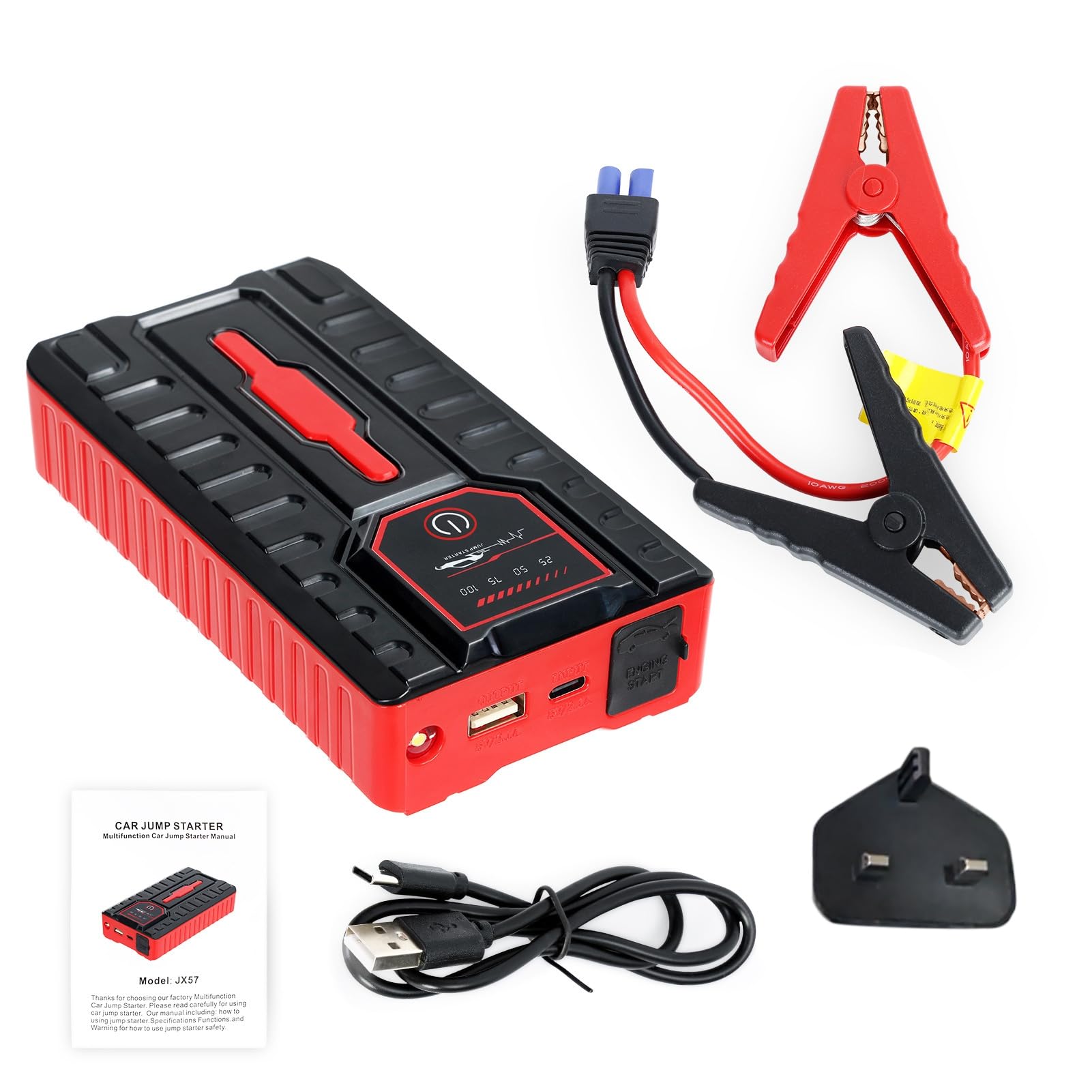 Ehozirta Auto-Starthilfe – Auto 12 V Auto-Batterie-Booster-Pack mit intelligenten Klemmkabeln, 49800 mAh, tragbares Ladegerät, Powerbank, USB-Ladegerät, LED-Taschenlampe, Starthilfe, tragbar, Rot von ehozirta