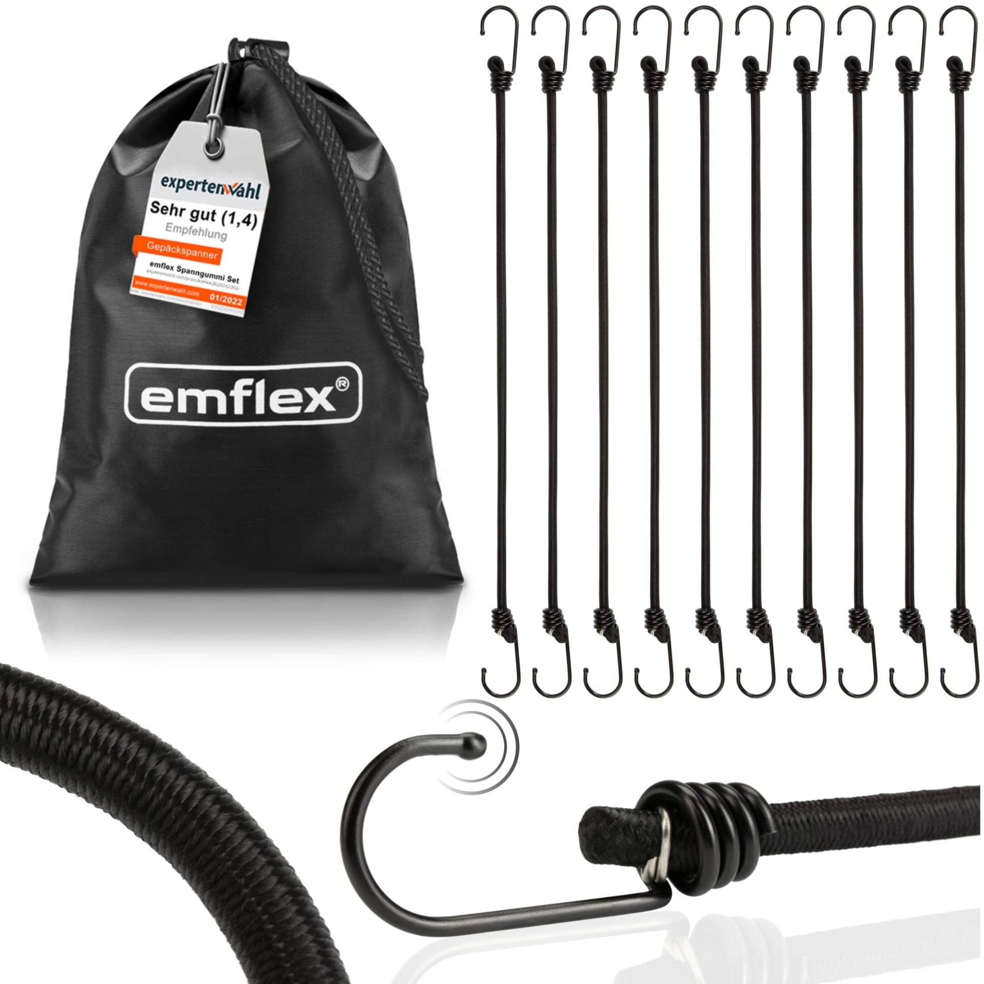 emflex® GS-MAX Profi Spanngummi Set [10 Stück] inkl. Tasche – MARKTINNOVATION – Expander mit Haken & voll-integrierten Kratzschutz-Kappen – Universal Gepäckspanner von emflex