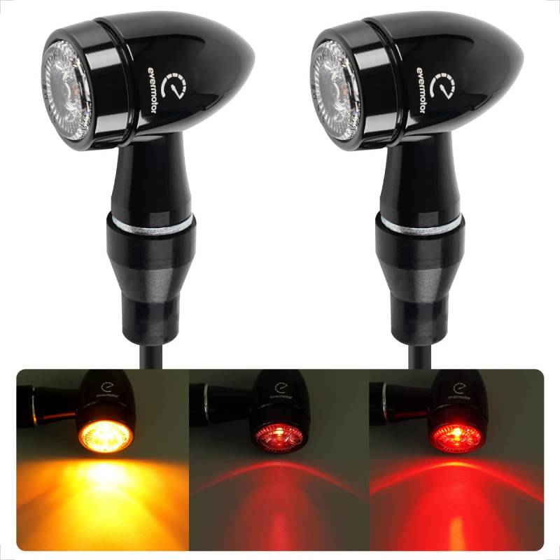 evermotor 3in1 Mini LED Blinker Motorrad E Geprüft, CNC-Verfahre 12V 2 Stück, für e Motorrad Scooter, E32 Universal Blinker Bullet Aluminiumschale, Amber&Rot Sehr Schön Helles Licht von evermotor