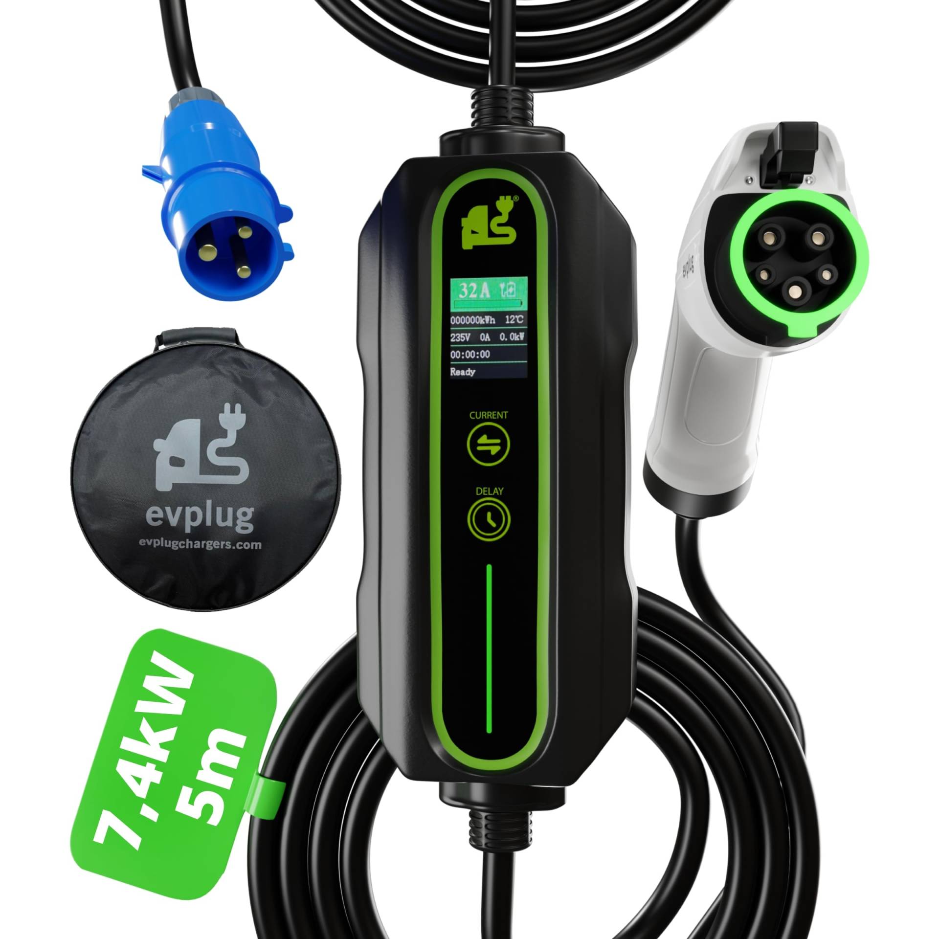 EVPLUG® Tragbares EV-Ladegerät Elektroauto EV PHEV | Variable Leistung Typ 1 Typ 2 (Typ 1 | 32A | 5m + Timer) von evplug