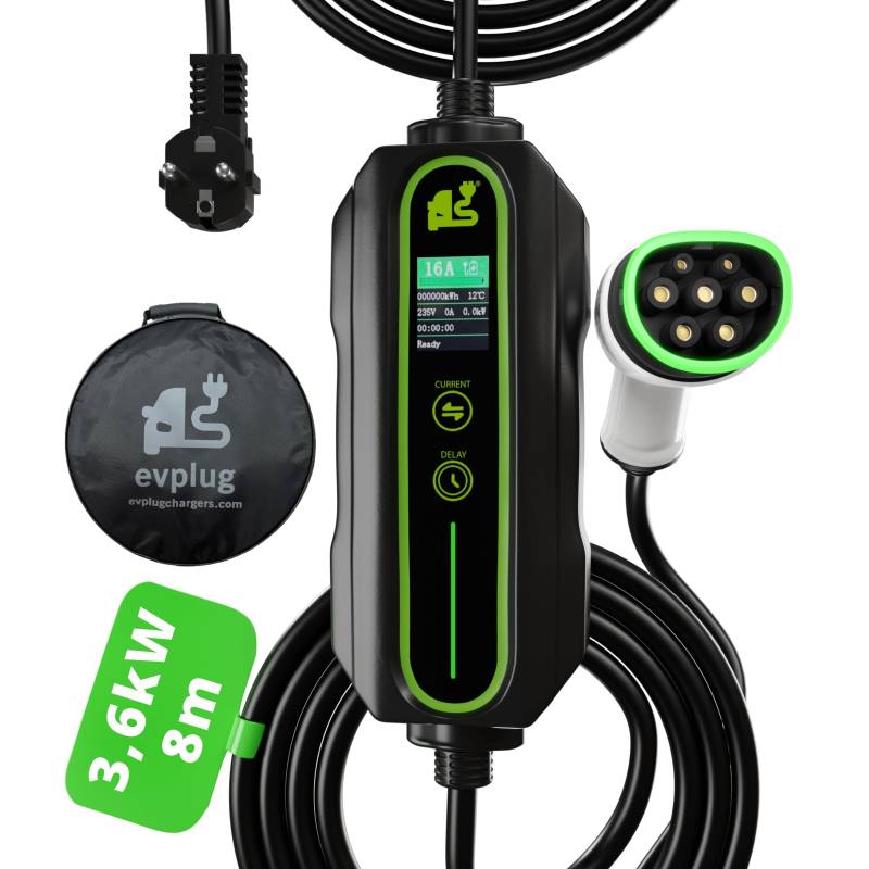 EVPLUG® Tragbares EV-Ladegerät Elektroauto EV PHEV | Variable Leistung Typ 1 Typ 2 (Typ 2 | 16A | 8m + Timer) von evplug