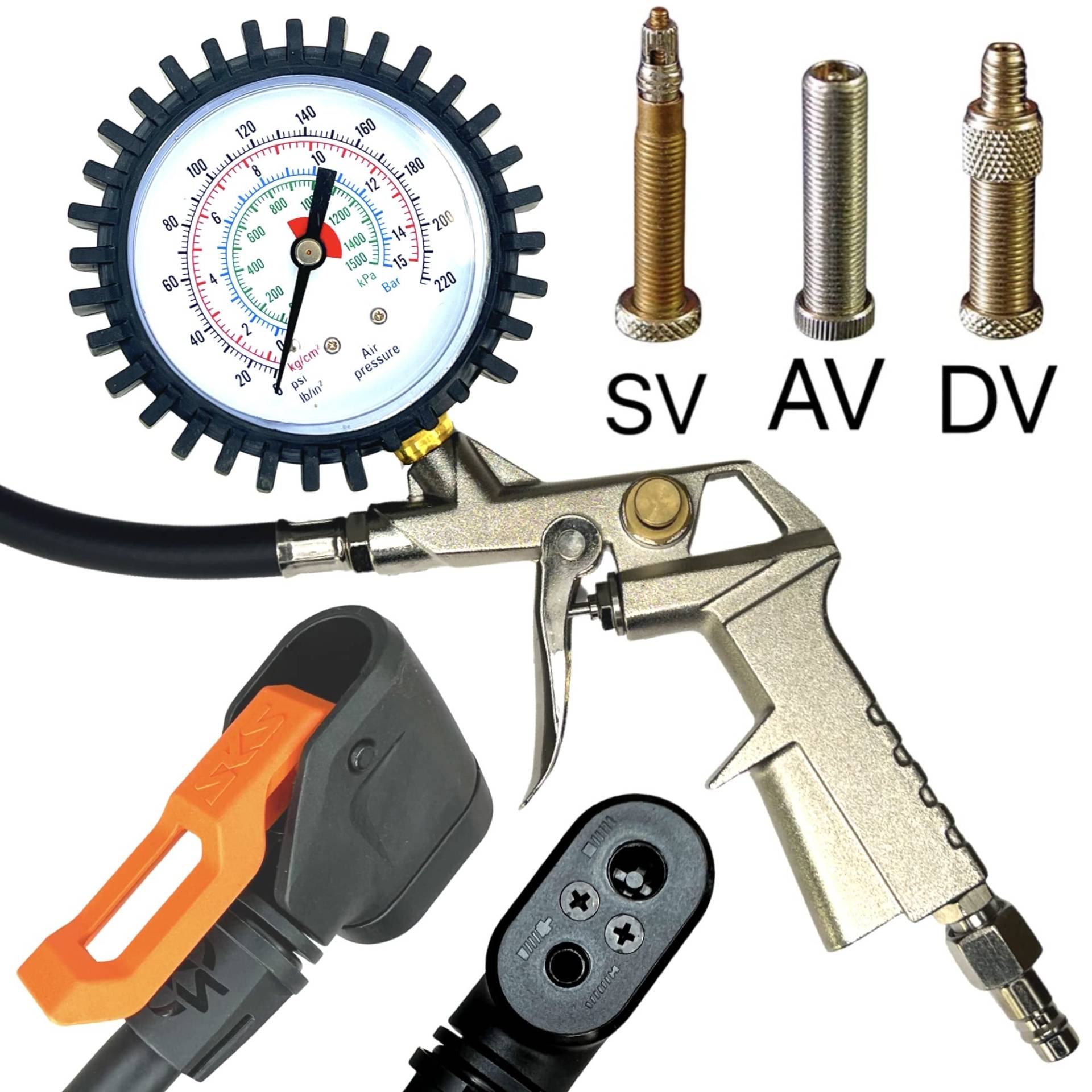 Kompressor Druckluft Fahrrad Reifenfüller mit Manometer SKS Anschluss Kopf passend für AV Autoventil, SV Französisch/Sclaverandventil, DV Dunlop Blitz Schlauch & UST Ventil von f26