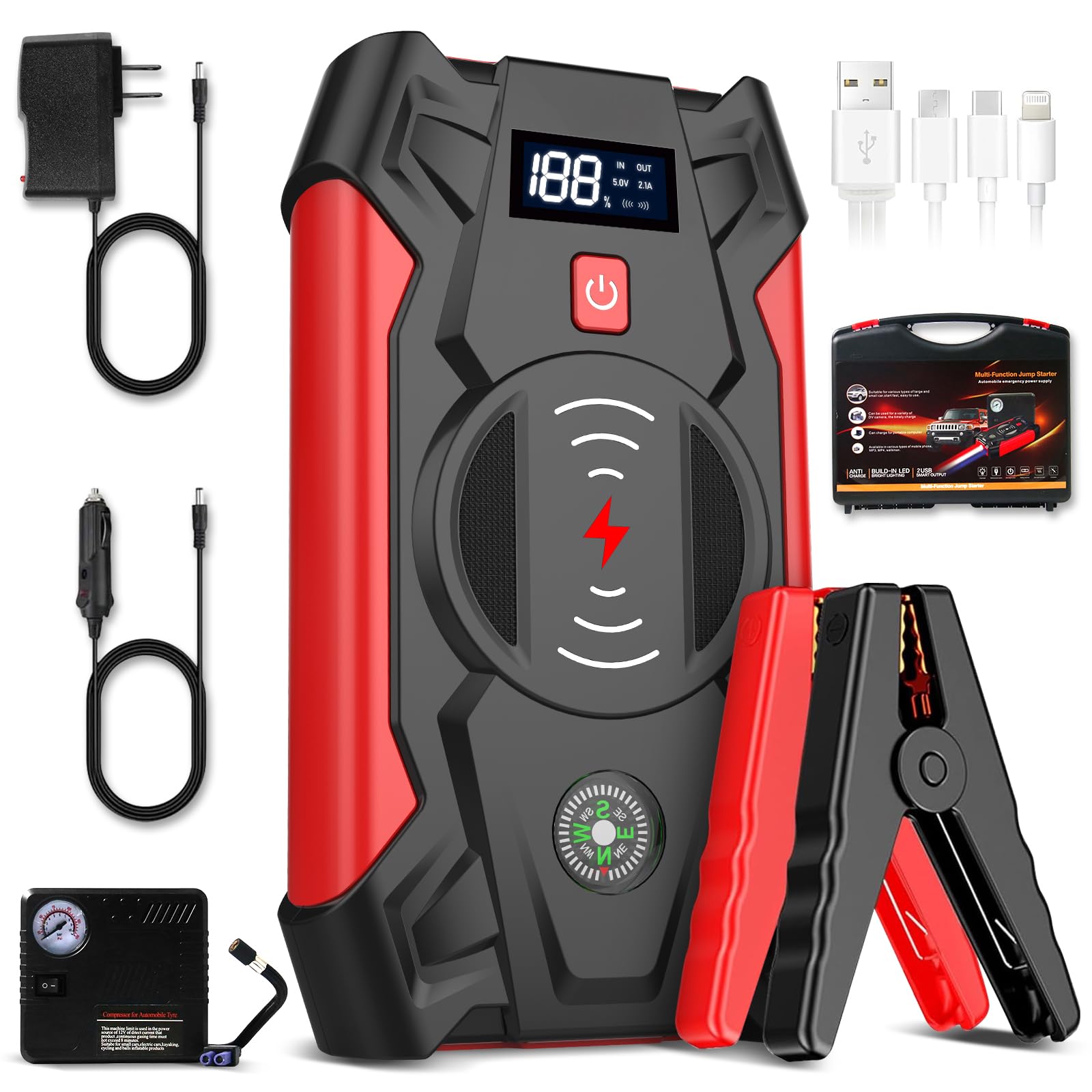 FACAIO Starthilfe Powerbank, 1800A Spitzenstrom Auto Starthilfe, 12V (Bis Zu 7,0L Benzin Oder 5,5L Diesel) Tragbarer Batterie Booster, Elektrische Luftpumpen, Starthilfegerät mit LED Taschenlampe von facaio