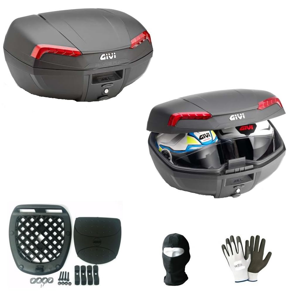 KOMPATIBEL MIT Aprilia CAPONORD 1200 TRAVEL Pack E46N Koffer-TOPCASE MIT ROTEN Reflektoren + MONTAGESATZ + Anti-VIBRATIONSMATTE + Platte FÜR Motorrad-Scooter-GEPÄCKTRÄGER 2 GROßE HELME von farbrothersonline