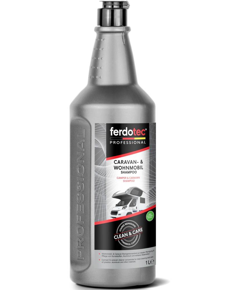 ferdotec Caravan und Wohnmobil Reiniger Konzentrat (1000 ml) - Shampoo für Camper, Wohnwagen, Vorzelte- Regenstreifen Entferner, Harzentferner, PVC Reiniger (1 Liter Außenreiniger Putzmittel) von ferdotec