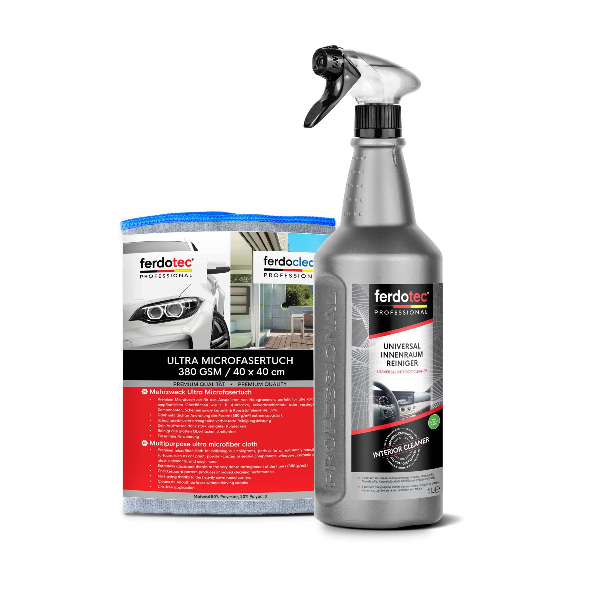 ferdotec Universal Auto Innenraumreiniger (1000 ml) + Microfasertuch - Innenreiniger mit Tiefenwirkung für Cockpit, Polster, Glattleder, Innenraum, Kunststoff, Armaturenbrett, Auto Aufbereitung 1 L von ferdotec