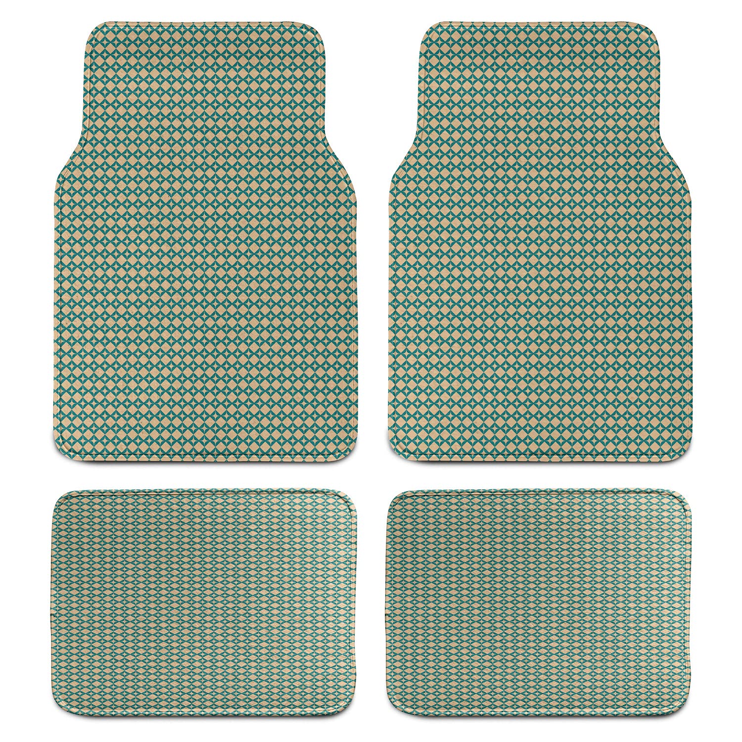 Abstrakte Automatten-Set, 4-teilig, symmetrische Illustration von runden und regelmäßigen Quadraten im Retro-Stil, Vorder- und Rücksitz-Fußmatte, strapazierfähige PVC-Rückseite, Autozubehör, von fifbird
