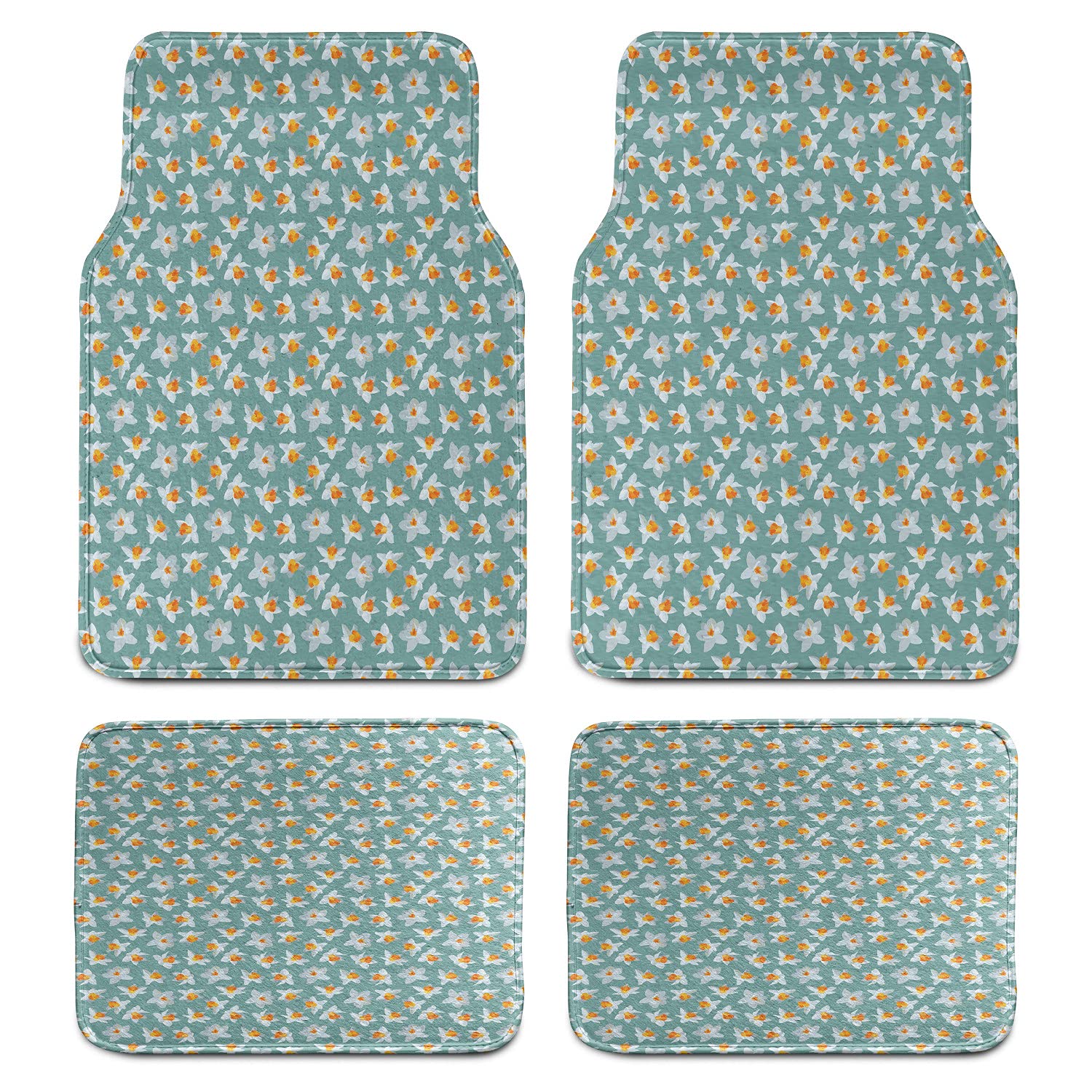 Narzissen-Automatten, 4er-Set, Romc-Muster mit Narzissen-Blütenblättern, für Vorder- und Rücksitz, Bodenmatte, strapazierfähige PVC-Rückseite, Auto-Zubehör, Hellblaugrün von fifbird
