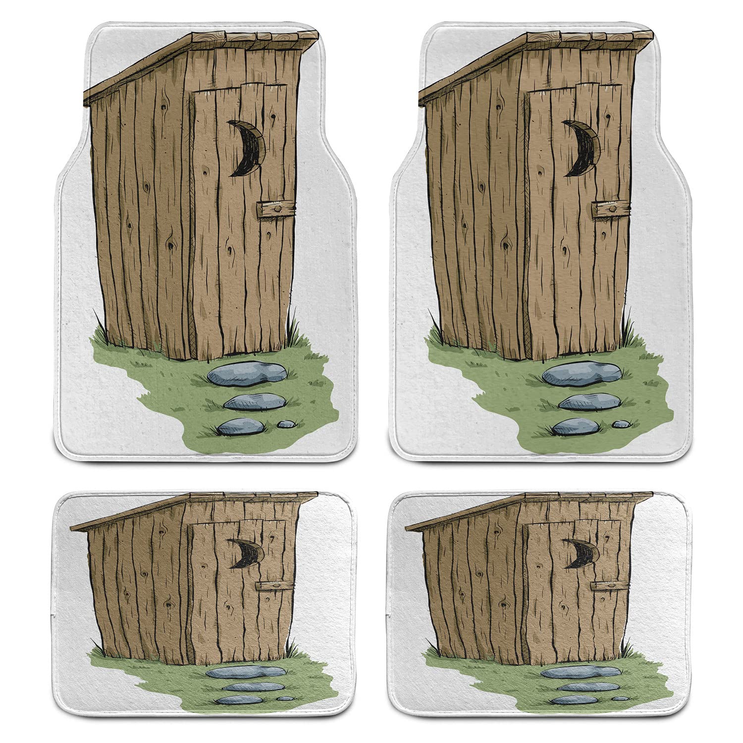 Outhouse Autoteppich 4er Set Holzschrank Toilette mit Halbmond Zeichen Cartoon Vorder- & Rücksitz Bodenmatte Langlebige PVC-Rückseite Autozubehör Khaki Olivgrün von fifbird