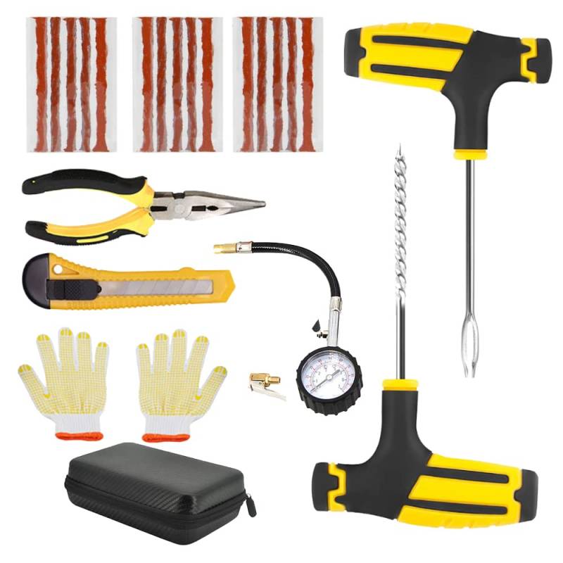 finoki Reifenreparaturwerkzeug 23PCS mit Reifendruckmesser und Handschuhen Reifenpannenreparaturset für Auto Motorrad Motorräder Fahrräder von finoki