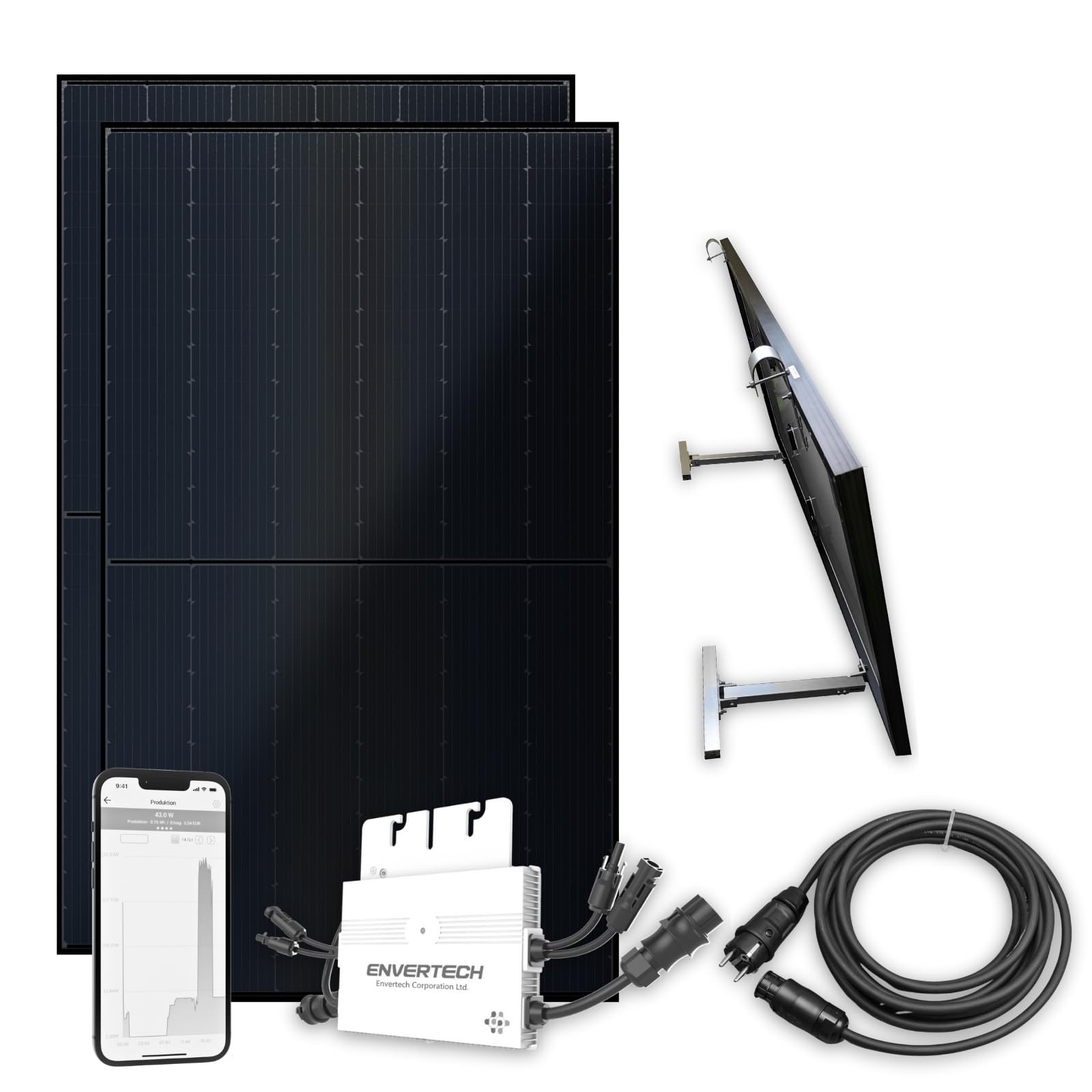 flex-energie Balkonkraftwerk Komplettset 810Wp I 2x 405Wp Solarmodul, Envertech EVT560 Wechselrichter, Balkonmontage, WiFi Switch & 10m Kabel I Solaranlage am Balkon zur Stromkosten-Einsparung von flex-energie