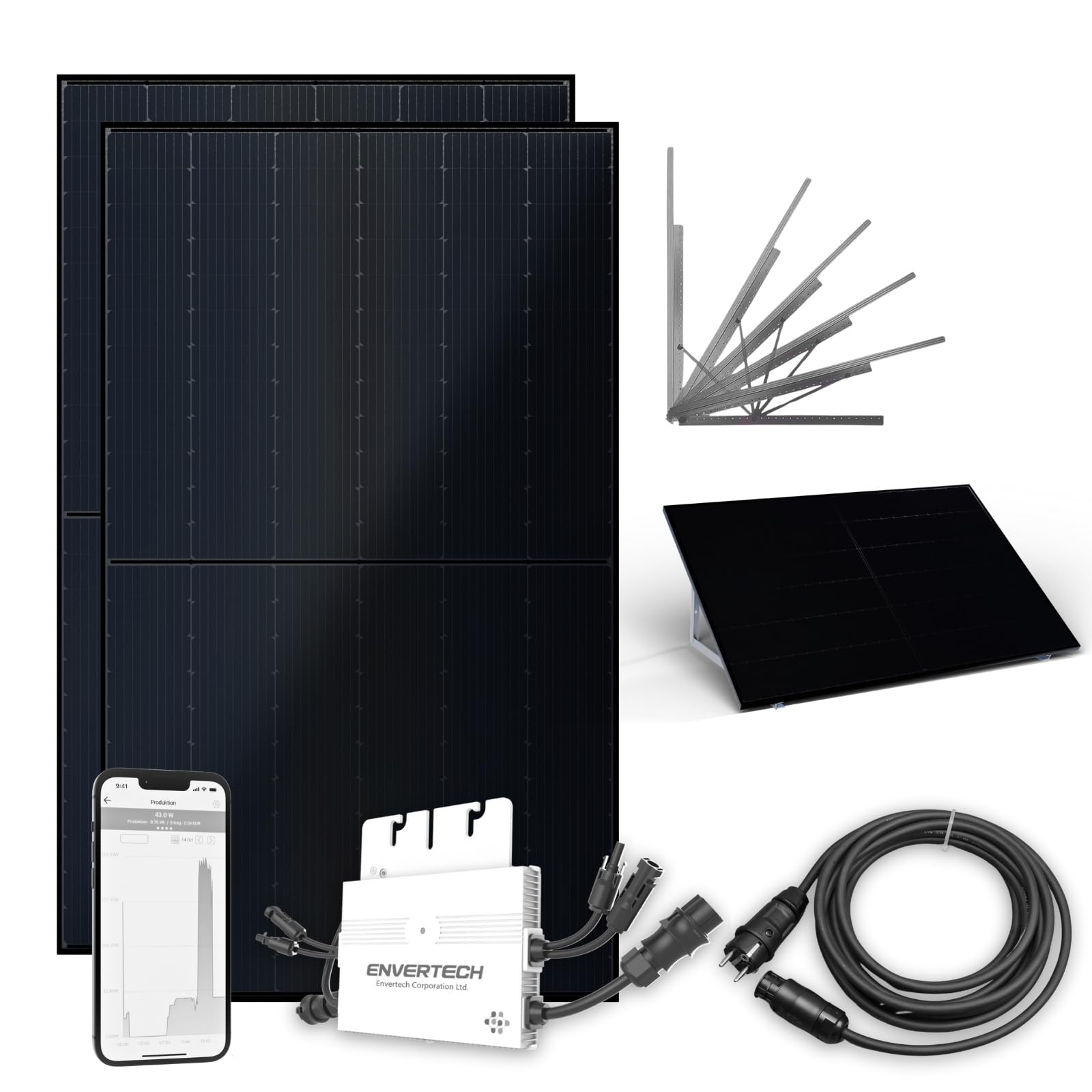 flex-energie Balkonkraftwerk Komplettset 810Wp I 2x 405Wp Solarmodul, Envertech EVT560 Wechselrichter, Universalaufständerung, WiFi Switch & 5m Kabel I Solar-Energiegewinnung auf Flachdach & Balkon von flex-energie