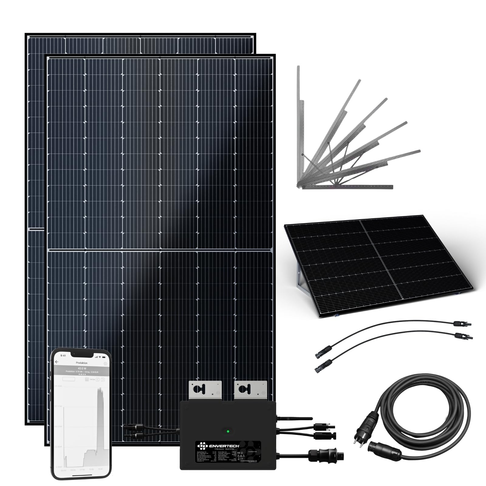 flex-energie Balkonkraftwerk Komplettset 900Wp I 2x450Wp Solarmodule, Envertech EVT800-B Wechselrichter, Universalaufständerung & 10m Kabel I Energiegewinnung auf Flachdach & Balkon von flex-energie