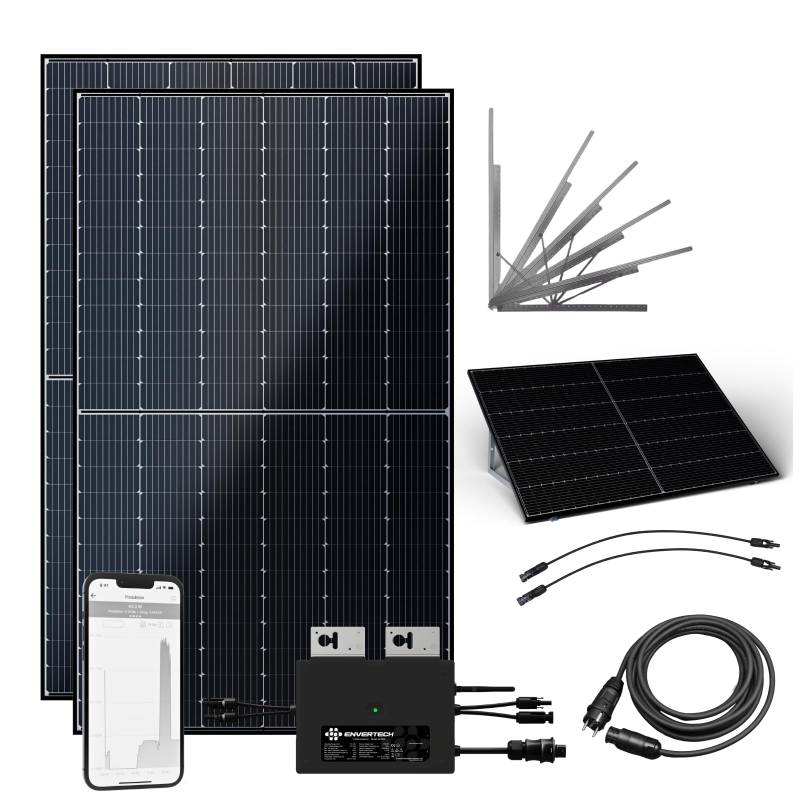 flex-energie Balkonkraftwerk Komplettset 900Wp I 2x450Wp Solarmodule, Envertech EVT800-B Wechselrichter, Universalaufständerung & 5m Kabel I Bifaziale Solaranlage für Stromgewinnung von Zuhause von flex-energie