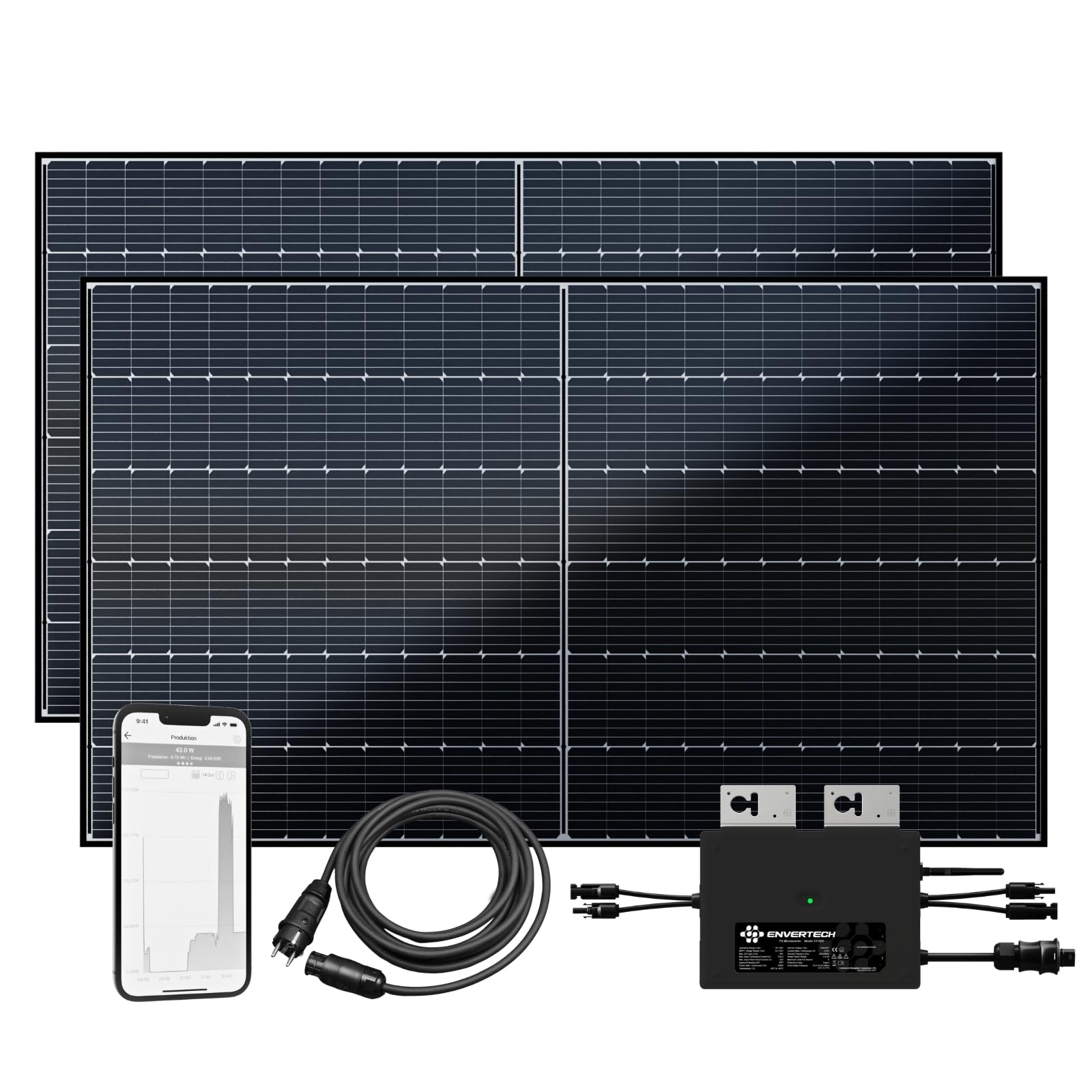 flex-energie Balkonkraftwerk Komplettset 900Wp I 2x450Wp Solarmodule, Envertech EVT800-B Wechselrichter & 5m Kabel I Bifaziale Solaranlage für 20% mehr Stromgewinnung I Energiegewinnung von Zuhause von flex-energie