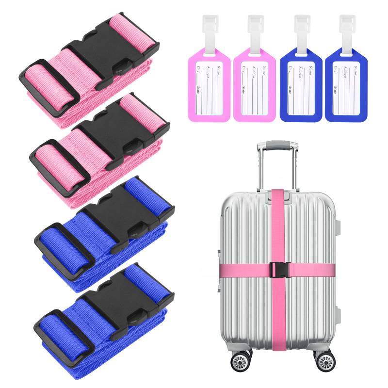 Flintronic 4 Stück Premium Gepäckgurt Koffergurt Kofferband Einstellbare rutschfest Gepäckband Lang kofferbänder Luggage Strap + 2 Stück Kofferanhänger Sicher Reisen für Koffer-Rosarot + Dunkelblau von flintronic