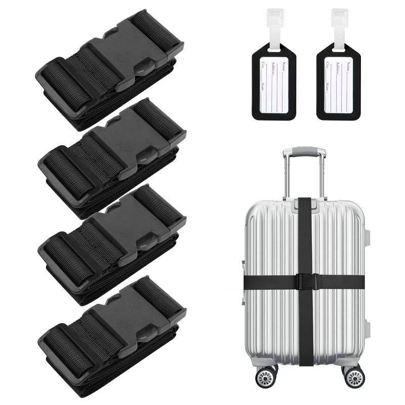 Flintronic 4-Stück Premium Gepäckgurt Koffergurt Kofferband Einstellbare rutschfest Gepäckband Lang kofferbänder Luggage Strap + 2 Stück Kofferanhänger Sicher Reisen für Koffer - Schwarz von flintronic