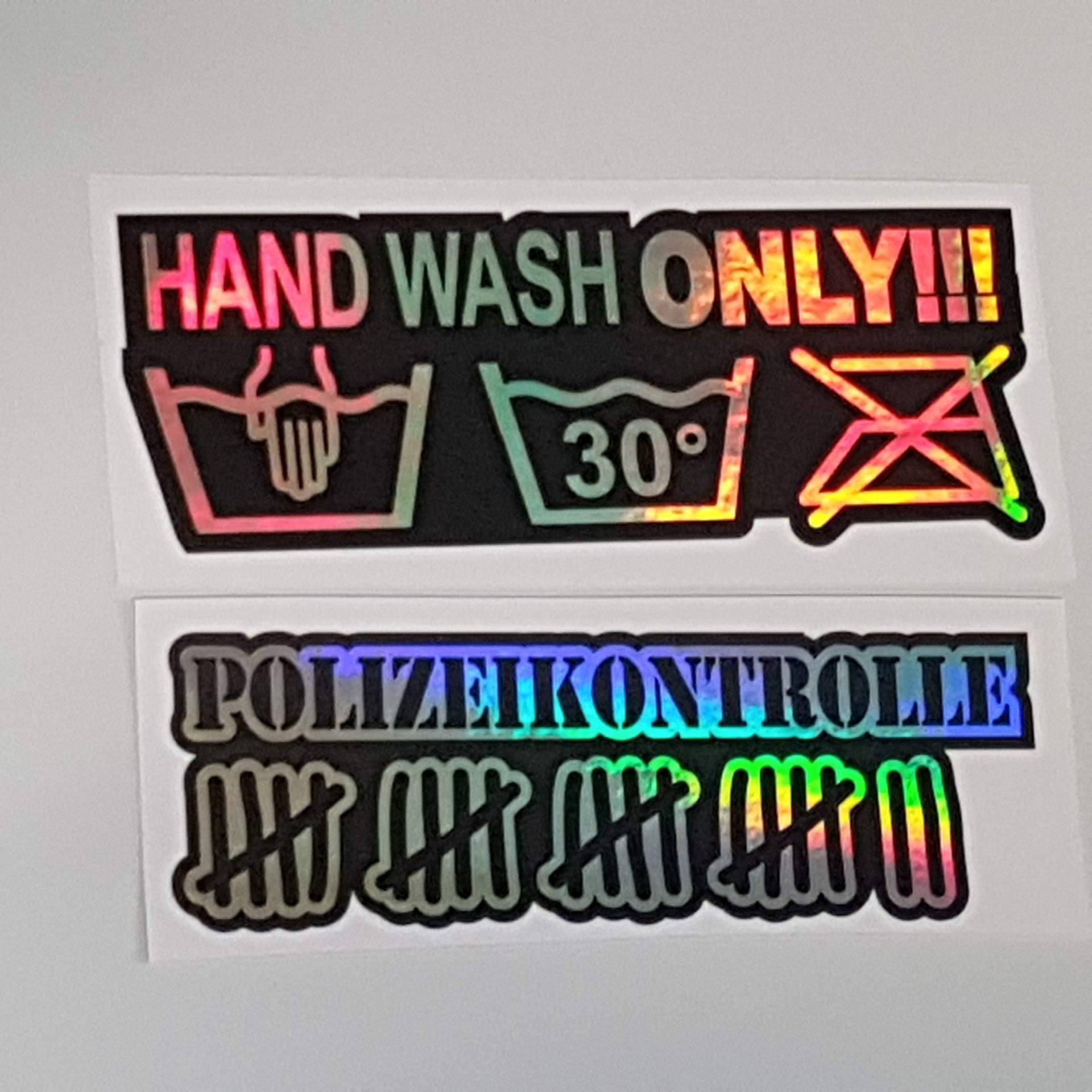 2er Set Polizeikontrolle Handwash only Hologramm Oilslick Rainbow Flip Flop Schwarz Aufkleber Metallic Effekt Shocker Auto JDM Tuning OEM Dub Decal Sticker Illest Dapper Oldschool von folien-zentrum