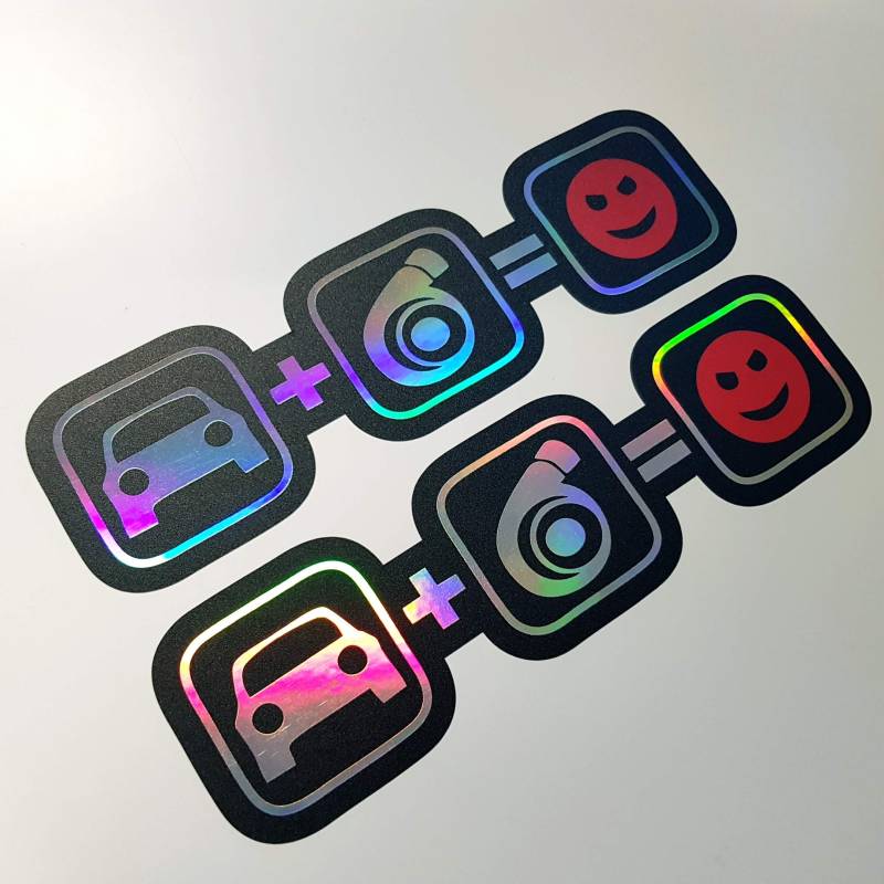 folien-zentrum 2X Auto + Turbo = Fun Auto-Aufkleber Sticker Schwarz Hologramm Oilslick JDM Tuning Decal Rainbow Flip Flop Metallic Effekt Shocker Stickerbomb Fun von folien-zentrum