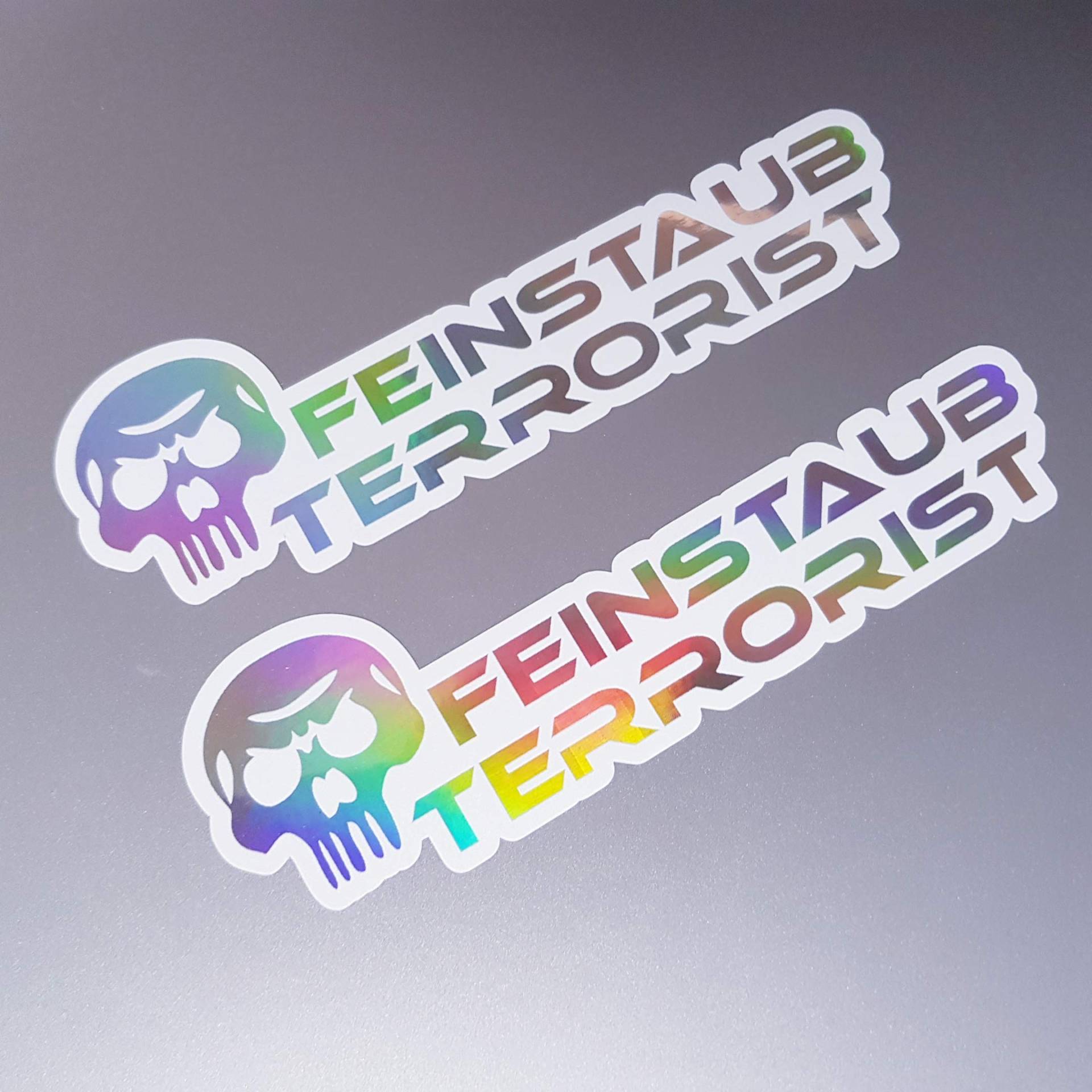 folien-zentrum 2X Feinstaub Terrorist 14x4,5cm Auto Aufkleber Oilslick weiß Farbwechsel Rainbow Flip Flop Hologramm Metallic Effekt JDM Tuning Sticker Decal Fun von folien-zentrum