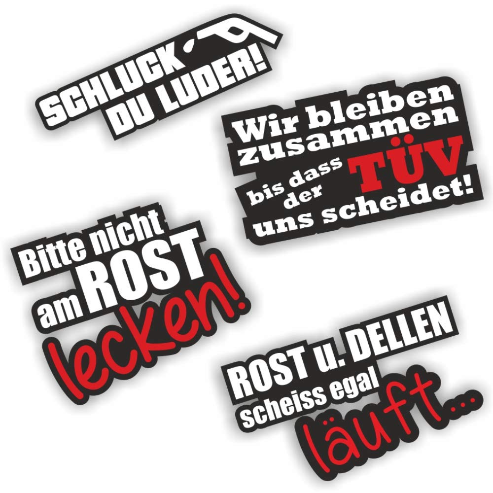 folien-zentrum - 4X Aufkleber Set - Rost u. Dellen, Rost lecken, TÜV, Schluck du - hochwertiger Autosticker JDM Tuning - Lustige Sprüche - Decal für Auto Car Sticker - Autoaufkleber - Stickerbomb Fun von folien-zentrum