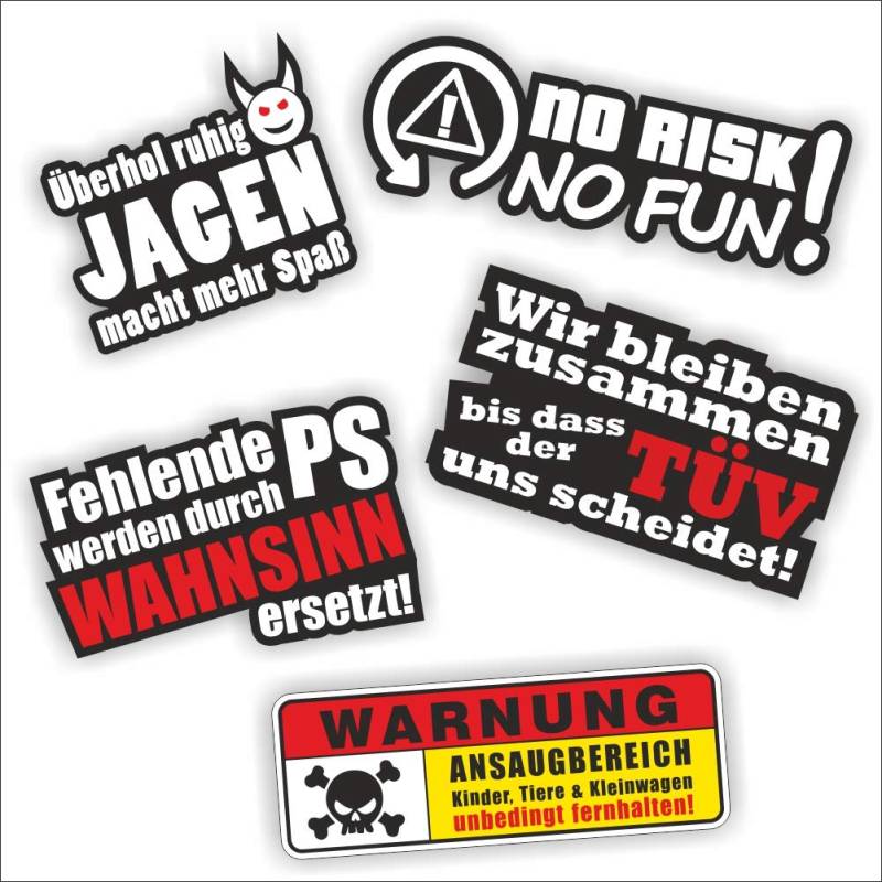 folien-zentrum 5 Auto-Aufkleber Set Sticker Ansaugbereich TÜV PS Wahnsinn No Risk No Fun überhol ruhig Jagen Hand JDM Tuning OEM Dub Decal Stickerbomb Bombing Illest Dapper Oldschool von folien-zentrum