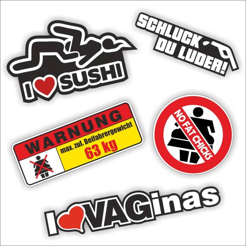 folien-zentrum - Stickerset 5 St. No Fat Chicks Sushi Warnung - hochwertiger Aufkleber Auto Tuning - JDM Autosticker - Sprüche für Auto - Car Sticker - Autoaufkleber - Stickerbomb - Made in Germany von folien-zentrum